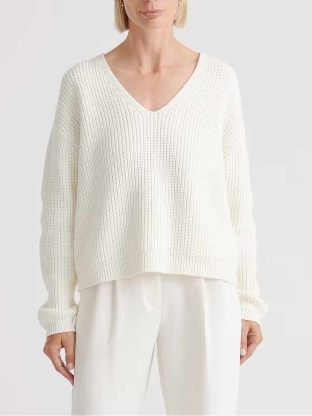 Quince 100% Organic Cotton Fisherman V-Neck Sweater Ivory Chunky Heavyweight-XL